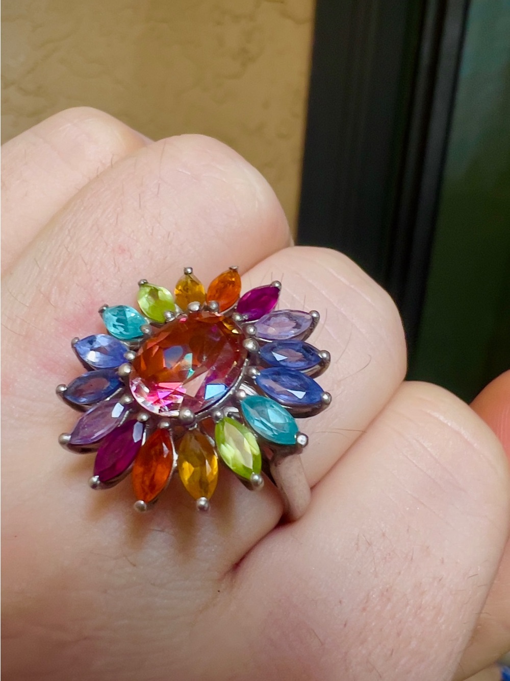 Multicolor Sunburst Gemstone Statement Ring - Size 10 - Picture 7 of 14
